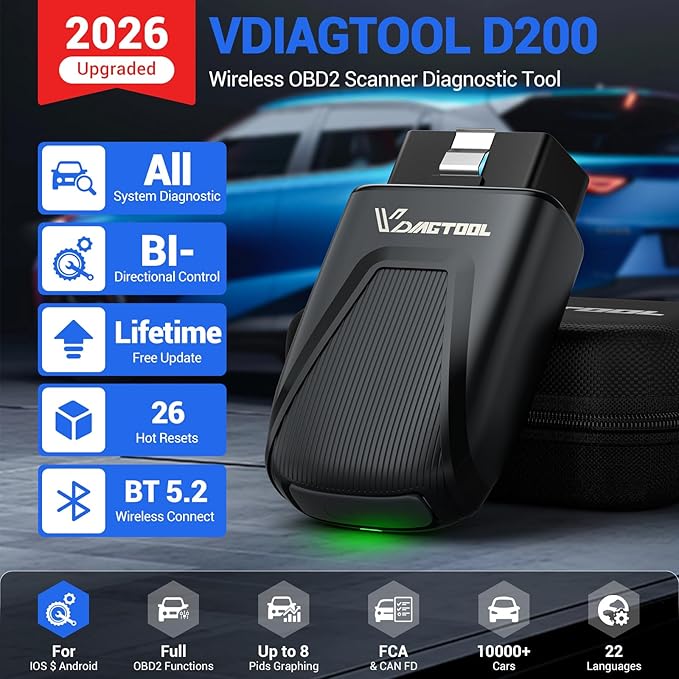 Bidirectional OBD2 Scanner Diagnostic Tool VDIAGTOOL D200, Bluetooth Scan Tool-Lifetime Free Updates, 26 Resets (Unlockable 49+), Full System Car Code Reader for iOS & Android, FCA AutoAuth & CAN-FD