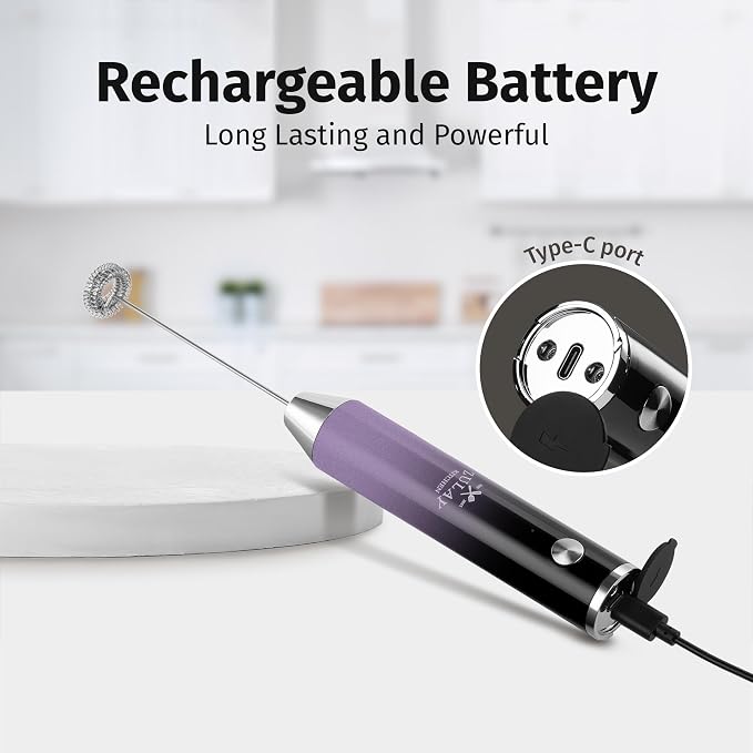 Zulay Kitchen Rechargeable Milk Frother Handheld - Frother Wand, Drink Mixer, Electric Whisk Frother, for Cappuccinos, Matcha & Protein Powder - Lux 4 Whisk 2 Speed Waterproof 2000mAh Black Purple
