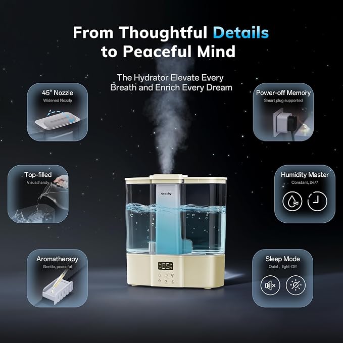 Geek-Level Aeocky Humidifier for Baby, Quiet Ultrasonic Humidifiers for Bedroom, Nursery with Ambient Light, 4L Top-Fill Cool Mist Diffuser with Timer, Sleep, Auto, Constant Humidity Mode (Yellow)