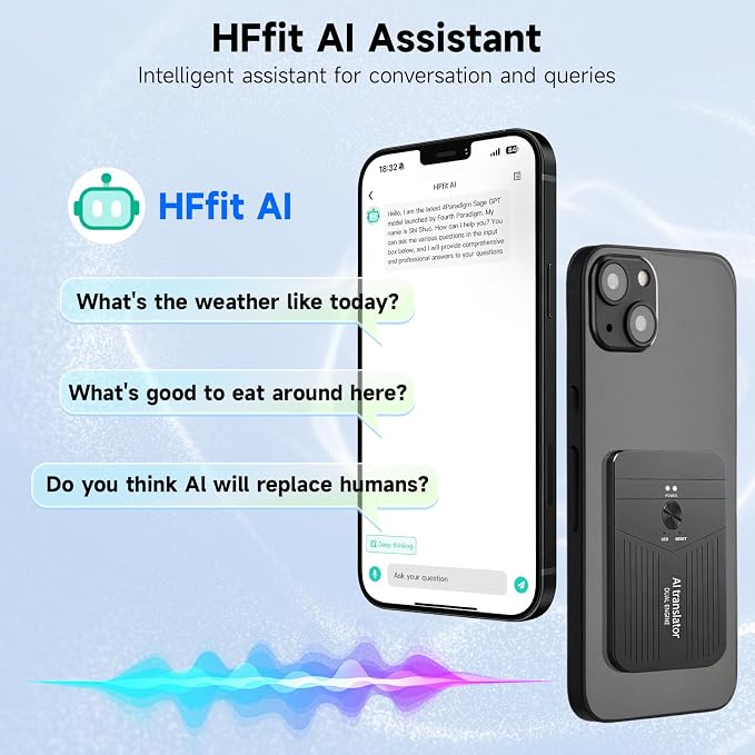 AI Language Translator, HFfit AI Assistant, 136 Online & 11 Offline Languages, Real-Time Voice & Photo Translation, Meeting Recorder, APP Control for Travel, Business & Learning