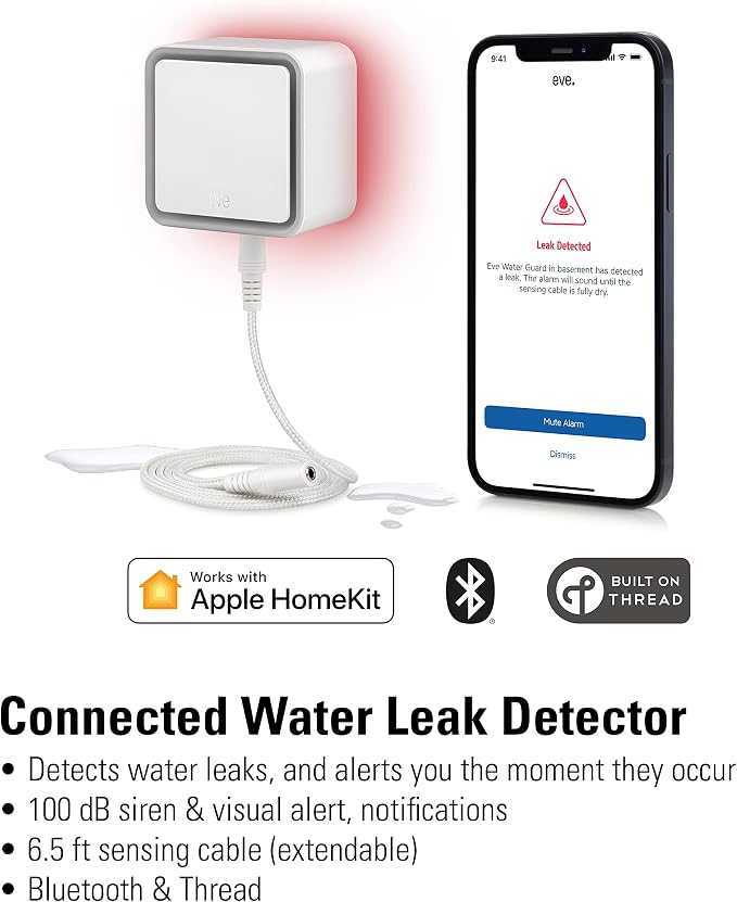 Eve Water Guard - Smart Home Water Leak Detector, 6.5 ft Sensing Cable, 100 dB Siren, (Apple HomeKit), App Notifications, Bluetooth, Thread