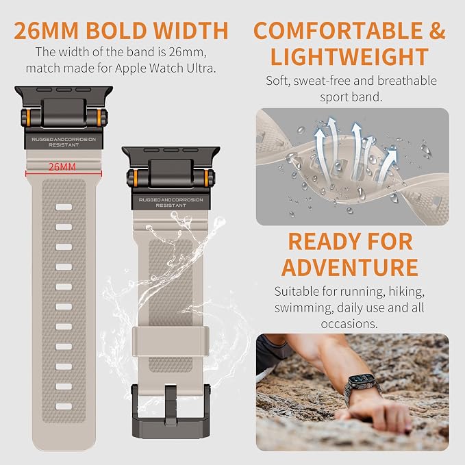 FOAMUNOC Rugged Band Compatible with Apple Watch Ultra 3/2/1 Band 49mm/46mm/45mm/44mm/42mm, Metal Connector with Strap for iWatch Ultra Series 11/10/9/8/7/6/SE3/SE2/SE/5/4/3/2/1, Starlight/Black