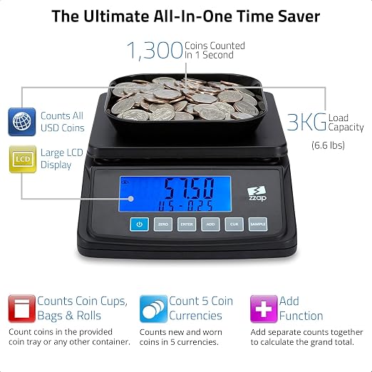 ZZap MS10 Coin Counting Scale - Money Cash Currency Weighing Machine