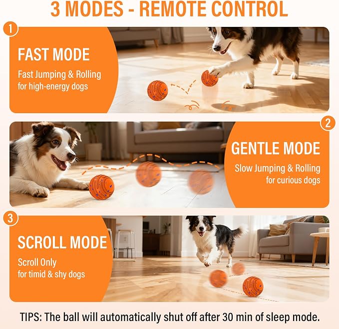Smart Interactive Dog Toy Ball, Automatic 3 Modes Moving Ball with Remote Control for Medium Large Dogs, Rechargeable Waterproof E-TPU Bouncing & Rotating Toy to Keep Busy (Bright Orange)