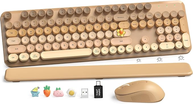 Wireless Keyboard and Mouse Combo, Full-Size Retro Typewriter Keyboard with Round Keycaps, Magnetic Wrist Rest & Tilt Legs, 2.4GHz Cordless for Mac/Windows PC/Laptop, SABLUTE CK23, Latte Gradient