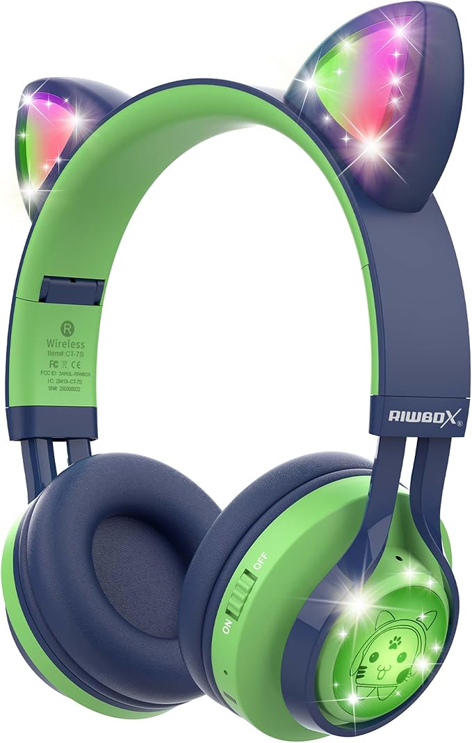 Riwbox Kids Headphones, CT-7S Cat Ear Bluetooth Headphones with LED Light, 85dB Volume Limiting, Over Ear with Microphone for Laptop/PC/TV (Green&Navy Blue)