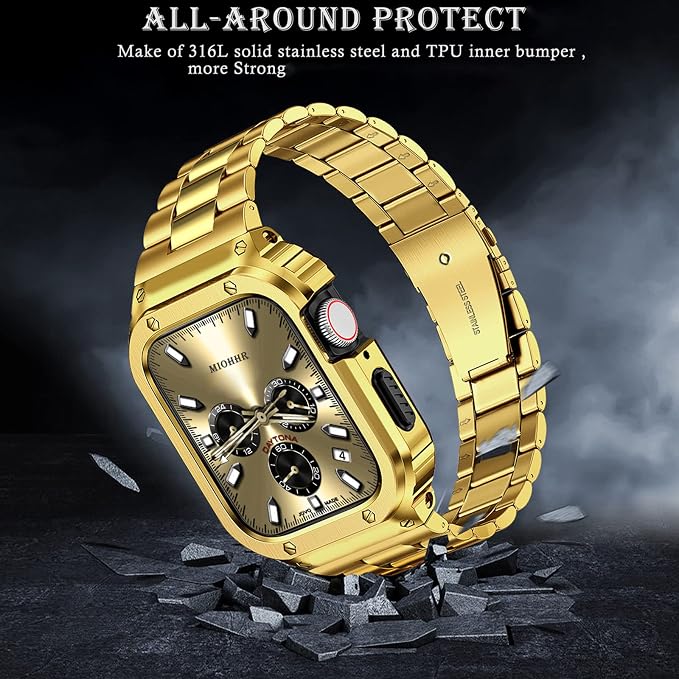 MioHHR Stainless Steel Band and Case Compatible with Apple Watch Band 45mm, Men Metal Protective Bumper Cover for iWatch Series 9/8/7, Gold