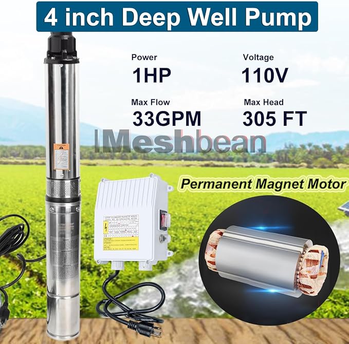Deep Well Submersible Pump with Control Box, 1HP 110V Deep Well Pump Submersible Water Pump for Industrial Irrigation and Home, 100FT Power Cord, 33GPM,305FT Lift,Long Life,4" OD