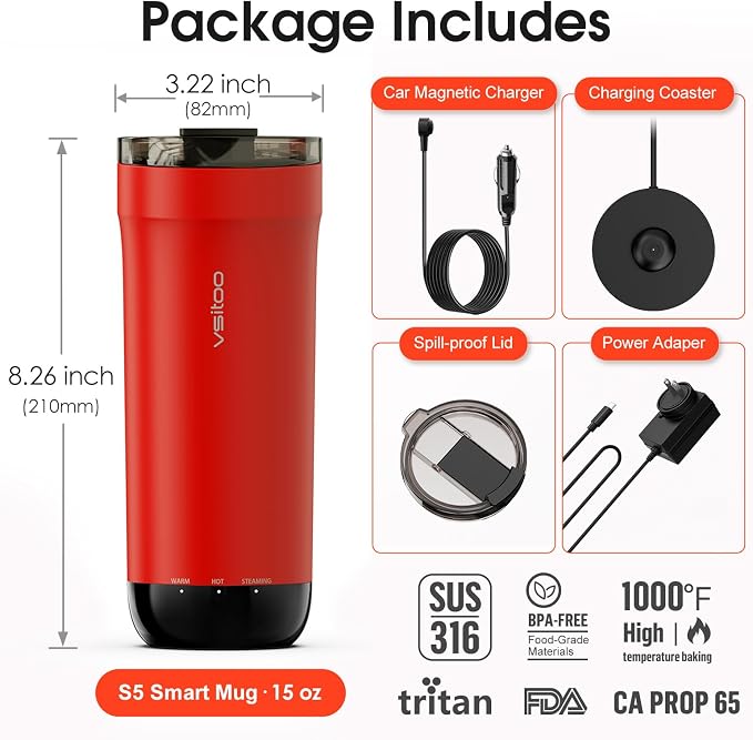Vsitoo S5 Self Heating Travel Mug 16oz, Rechargeable Coffee Mug with Car Charger Kit, AI Auto-Sensing Temp Control Heated Cup for Home Office Car, App Control, Gift Women Men - Red