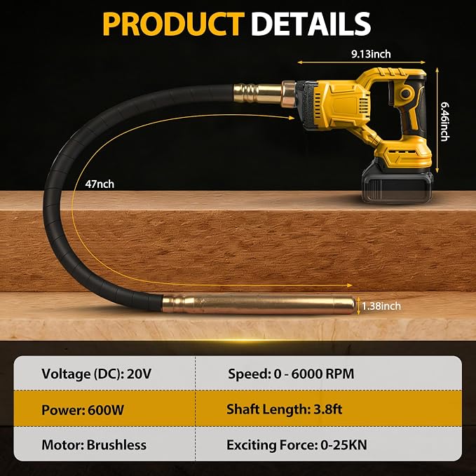 Handheld Concrete Vibrating Tool for Dewalt 20V Battery, 600W Cordless Electric Concrete Vibrator with 3.8ft Shaft Rod, 6000RPM Brushless Portable Vibrarator Remove Air Bubble (Battery Not Included)