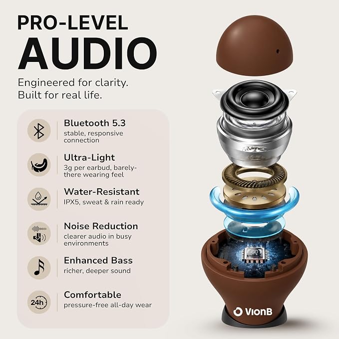 Air Skin Tones Invisible Earbuds for Small Ears - Wireless Bluetooth 5.4, Skin-Matching Mini Stemless Ear Buds, IPX5 Waterproof, ENC Noise Cancelling (Warm Cocoa)
