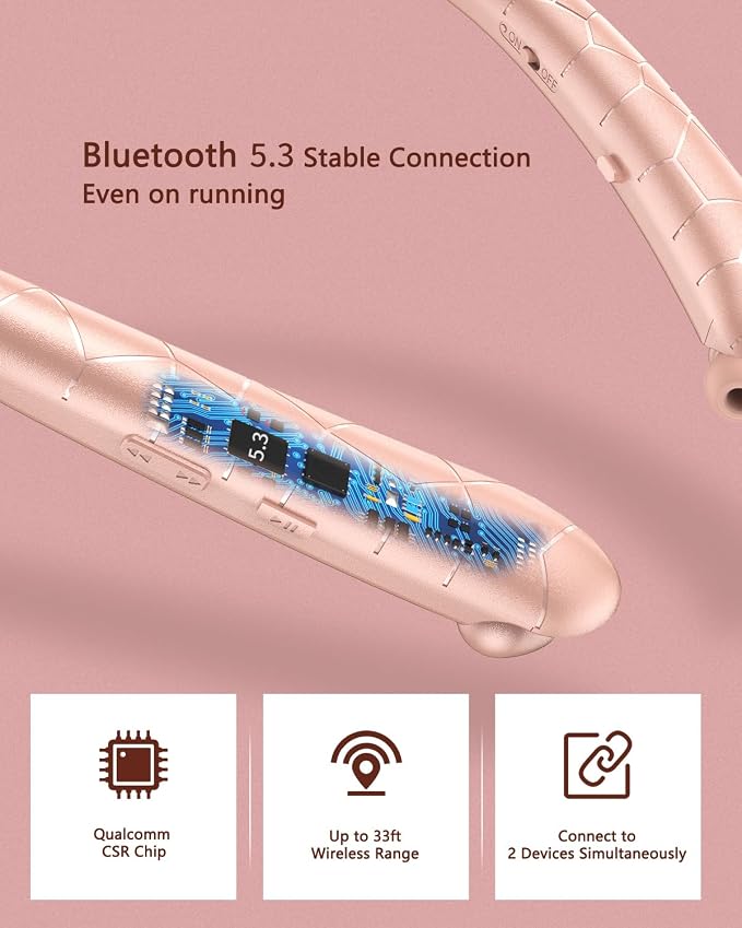 Bluetooth 5.3 Neckband Bluetooth Headphone, Sweat Resistant Noise Canceling Stereo Retractable Headphones, and Retractable Ear Tips for Music, Conference, Sports