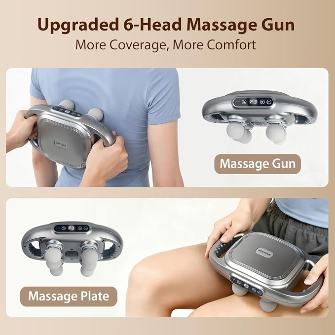 Massage Gun, Deep Tissue Percussion Massager with 9 Intensity Levels for Neck, Back, Shoulders, Legs Pain Relief & Recovery in Office, Family and Traveling (6 Head Massage Gun)