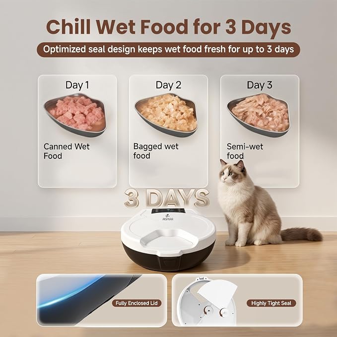 Automatic Cat Feeder Wet Food, Semiconductor Cooling & Heating, 5 Fresh Meals Timed Cat Feeder for 3 Days with Stainless Steel Bowl, Easy to Clean, Programmable Wet Food Dispenser for Cat Dog