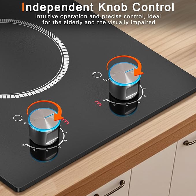 2 Burner Electric Cooktop 120V, 12 Inch Stove Top Burner 2000W, Double Burner Electric Stove with Knob Control, 9-Level Heat, Overheat Protection, High-Temp Alarm, 120V UL Plug
