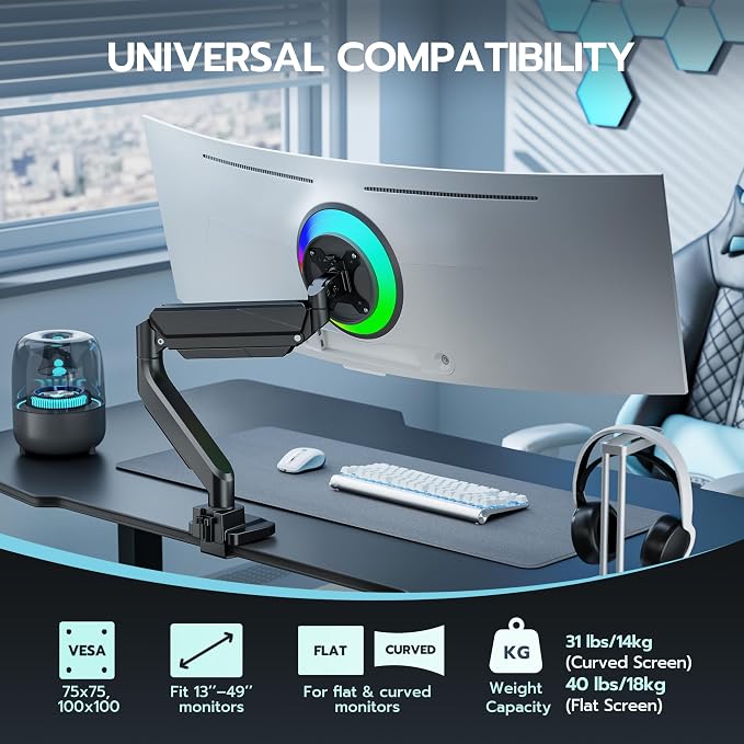 ARES WING Ultrawide Monitor Arm, Heavy Duty Single Monitor Mount for 13"-49" Curved Screens, Adjustable Stand for Desk with C-clamp & Grommet Base up to 40 LBS, Black