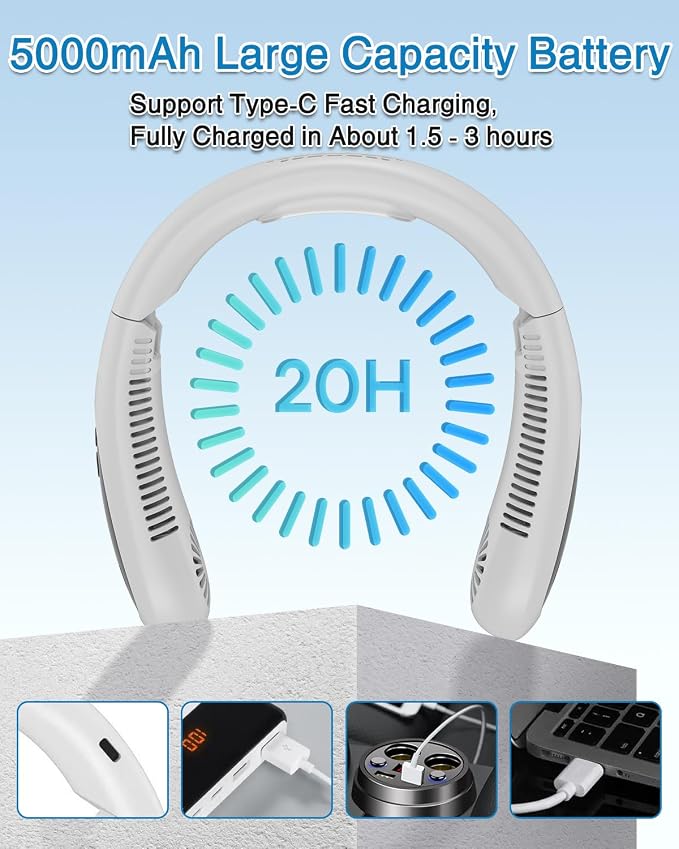 Neck Air Conditioner, Portable Neck Fan with Cooling Plate 360°Cooling Airflow, 5000mah Rechargeable USB Fan Hands Free Bladeless Wearable Foldable Mini Fan for Men Women Home Office Outdoor