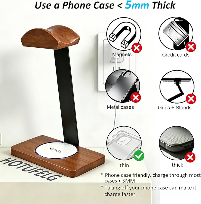 Solid Wooden Headphone Holder with Fast Wireless Charging Pad, Universal Headset Stand for Gaming Desk, Headphone Rack Compatible with Airpods Max,Bose,Razer,AKG Equipment Accessories for Walnut Desk