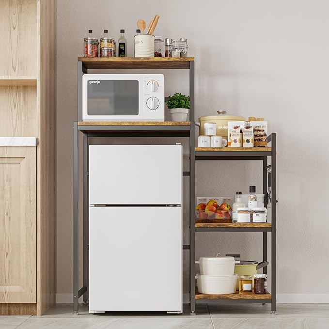 COCOLUCKY 6-Tier Mini Fridge Stand with Storage Shelf.Asymmetric 2-in-1 Design:Wide Side for Fridge+Microwave,Narrow Side for Spices & Utensils,Coffee Bar,Baker Rack for Dorm Kitchen,Vintage Brown