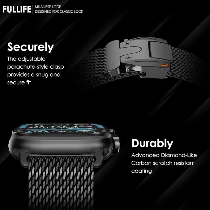 FULLIFE Milanese Mesh Loop for Apple Watch Band Apple Watch Ultra 3/2/1 Band 49mm 46mm 45mm 44mm Men Women, Stainless Steel Metal Band Parachute-style Buckle for iWatch Series 11 10 9 8 7 6 SE3 5 4 3