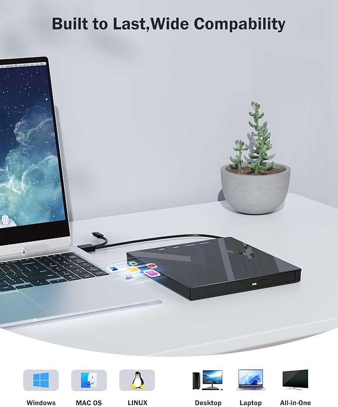 Wbacon 7 in 1 External CD/DVD Drive for Laptop, Portable DVD Player for Laptop with SD/TF Port, External DVD Drive with USB 3.0/Type C, CD Drive USB for PC Windows Linux