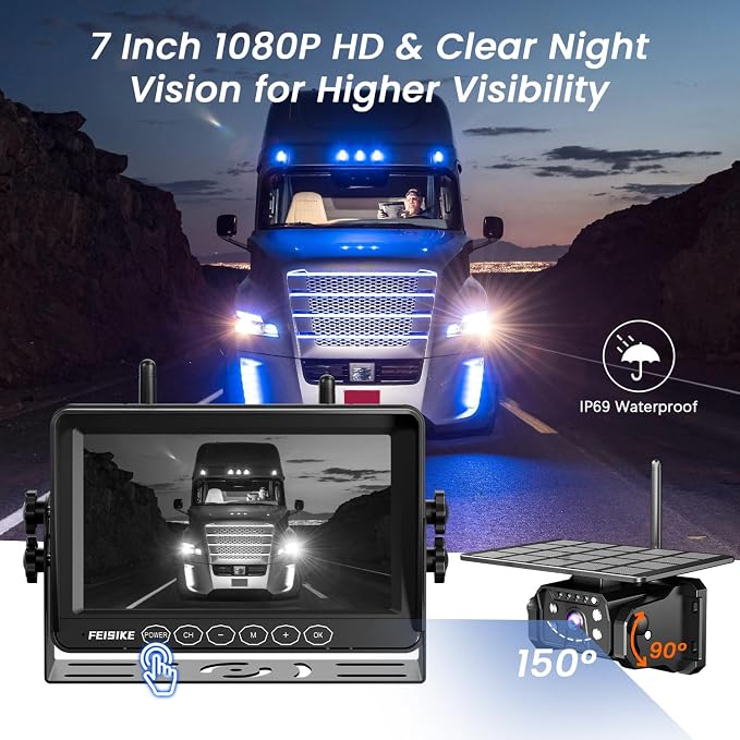 2 Magnetic Solar Wireless Backup Camera for RV Truck Trailer–7" 1080P Monitor with Recording,1-Min Install,No Delay,Wide View,IR Night Vision,4 Channels,Auto-Sleep,Rechargeable Rearview Camera