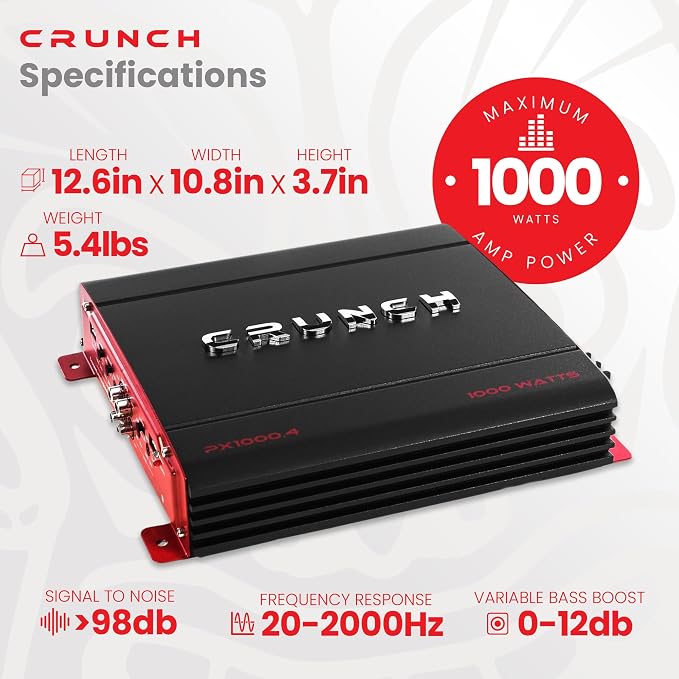 Crunch 4 Channel 1000 Watt Amp Car Truck Motor Vehicle Stereo Power Amplifier, PX 1000.4