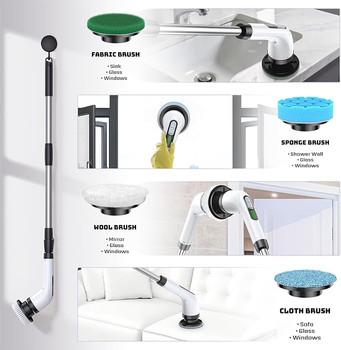 Highyes Electric Spin Scrubber, Powerful 2-Speed Cleaning Brush, IPX7 Waterproof with 7 Reusable Brush Heads & Extendable Handle, for Bathroom Toilet Shower Kitchen Wall Tile Floor Grout (White)