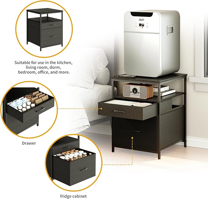 Herture Mini Fridge Stand with 3 Storage, Mini Fridge Cabinet, Beverage Fridge Table, Heavy Duty 21.3" L* 22.7" W Tabletop, for Dorm, Apartment,Office, Bedroom Black HB01BXB