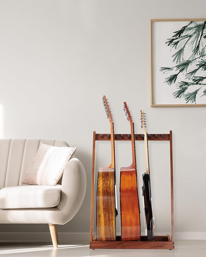 Multi Guitar Stand, Black Walnut Guitar Rack for 3 Acoustic/5 Electric/Bass | Guitar rack with soft felt pad and neck holder, guitar rack multiple guitars saves floor space, ideal for home studio display