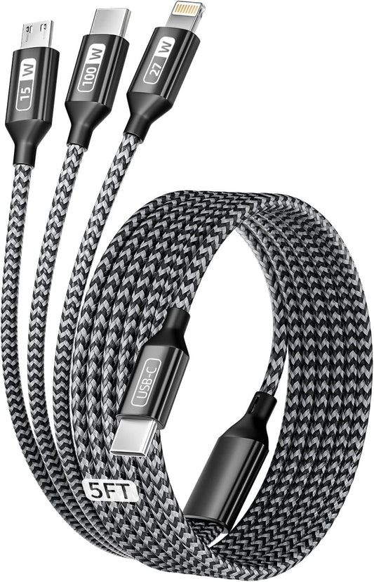 100W USB C Cable, Multi Charging Cable Fast Charging 5FT, 3 in 1 USB C Charger Cable with E-Mark Chip, Multi Charger Cord with Type-C, Micro USB, IP Port for iPhone16/15/MacBook/iPad/Samsung (1Pack)