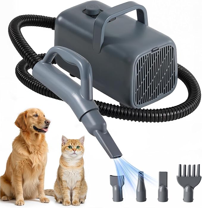 Dog Hair Dryer, Low Noise Pet Dryer for Cats, 1550W High Velocity Pet Blow with Heater for Grooming, Dogs Other Animals Hair Trimmer, Dark Grey
