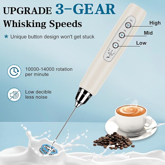 BSRGMS Milk Frother Handheld for Coffee, Electric Whisk 3 Speed Adjustable, Drink Mixer with Stainless 3 Whisks, Rechargeable Hand Frother Wand, for Latte Cappuccino Hot Chocolate Egg Beige