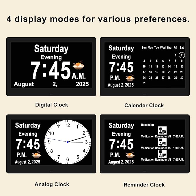SSYA Dementia Clocks with Day and Date for Seniors,13 Alarms Custom Reminders, Extra Large Digital Calendar Clock for Elderly. (Black)