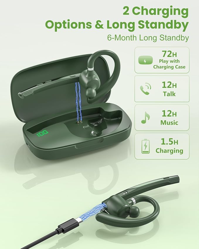 New Bee Bluetooth Headset, Single-Ear Bluetooth Earpiece for Cell Phone Calls, Dual Mic with Mute Button, 72H Talk Time, 500mAh Charging Case Wireless Headset for Phone and Laptop