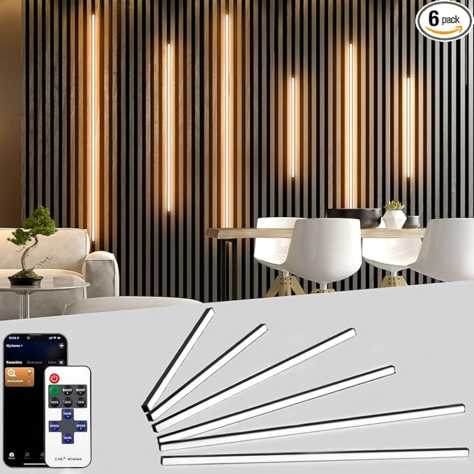 Lichaser 6 Pcs Smart Recessed Lighting for Acoustic Wall Panels, WiFi Warm White LED Strip Lights Compatible with Alexa, Self-Adhesive Black Aluminum LED for Wood Slat Wall Panels (2*16+2*24+2*36 in)
