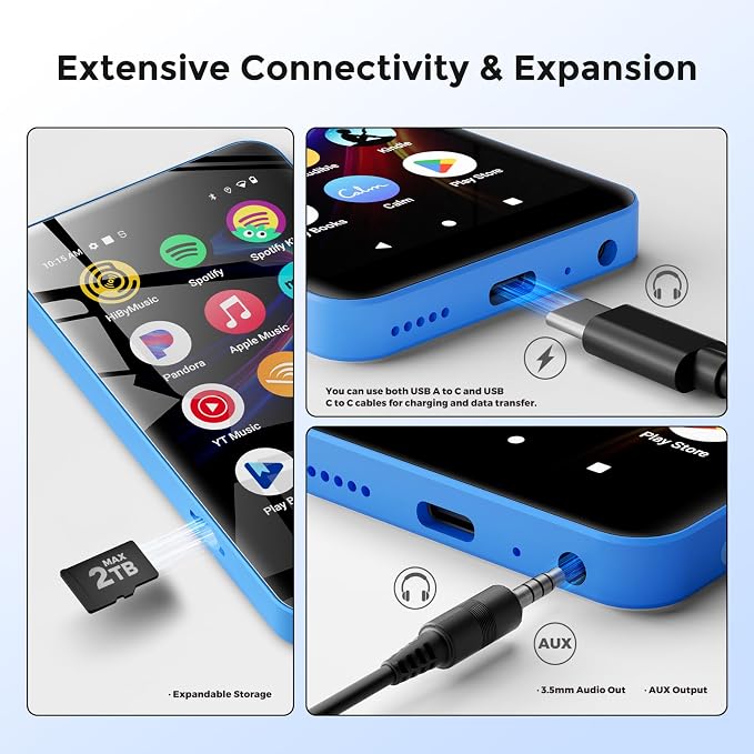 innioasis G5 MP3 Player with Bluetooth and WiFi, 160GB Player with Spotify, Spotify Kids, Pandora, Play Store, Parental Manager App, Calm, 4" HD Full Touch Screen MP4 Music Player for Kids (Blue)