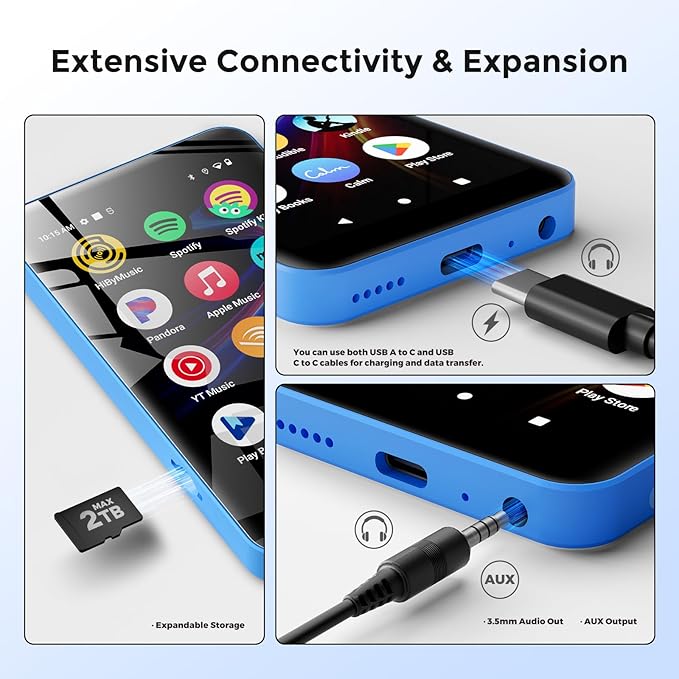 160GB innioasis G5 MP3 Player with Bluetooth and WiFi, MP3 Player with Spotify, Spotify Kids, Pandora, Play Store, Parental Manager App, Calm, 4" HD Full Touch Screen MP4 Music Player for Kids (Blue)