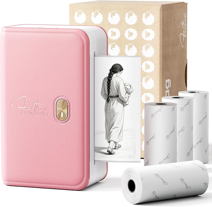 Pink Bible Sticker Mini Portable Printer FP31, Bible Study Journal Supplies, Bible Tab, for Women, Men, Kids, Christian, Compatible with 2" & 3" Thermal Paper, with 4 Rolls