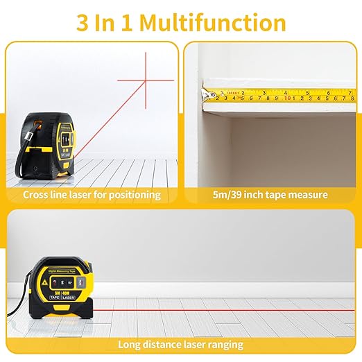 5m/16ft Digital Laser Tape Measure, WTWD 100m/328ft Laser Distance Measure with Cross-Line Laser Level, Area/Volume Calculator, Battery Powered, Voice Output, Backlit LCD, ft/in/m for Construction