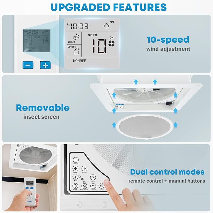 Kohree 14" RV Vent Fan 10 Speed Reversible with Remote Control: 12V Super Quiet RV Roof Vent Fan for Camper Trailer Bathroom, RV Exhaust Fan, Temperature & Rain Sensor, Removable Screen (Blue)