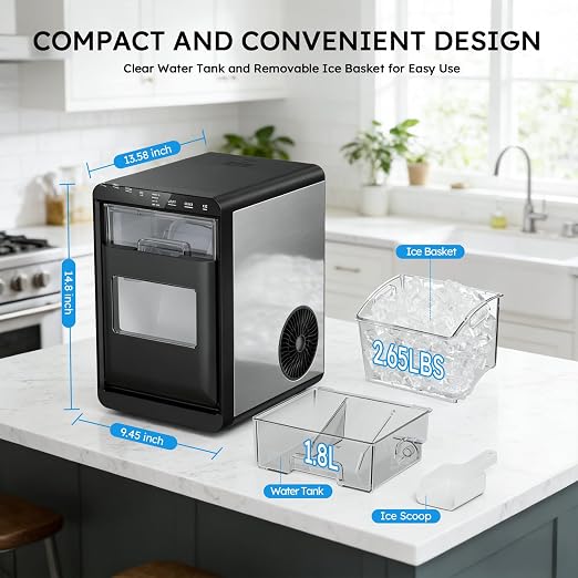 Mojgar Nugget Ice Maker Machine, 44Lbs/24H Ice Machine & Countertop Ice Maker with Ice Scoop & Basket, Ready in 5 Mins | Self-Cleaning | Low Noise | Pellet Ice Machine for Home, Kitchen, Office