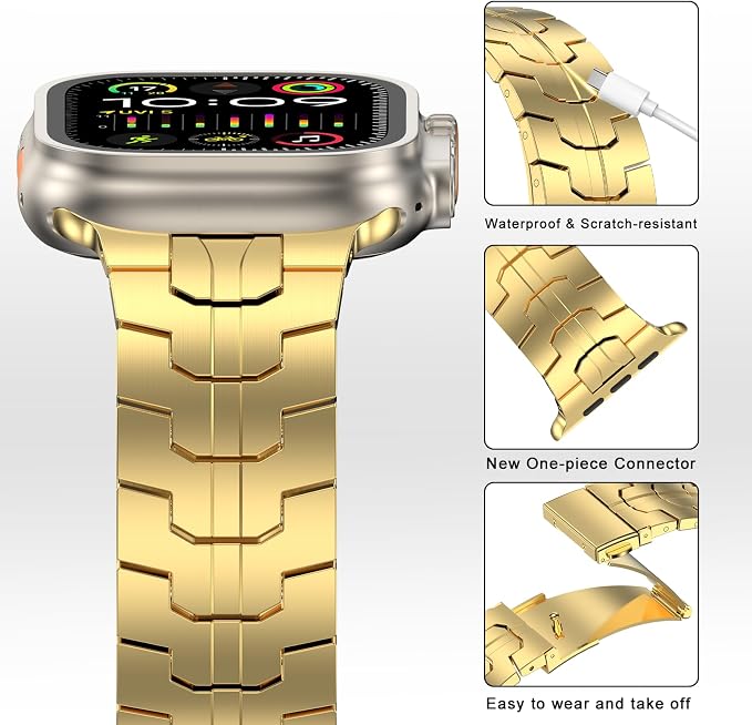 MioHHR Stainless Steel Band Compatible with Apple Watch Band 49mm 46mm 45mm 44mm 42mm(Series 3/2/1), Adjustable Metal Band for Men iWatch Series 10 9 8 7 6 5 4 3 2 1 SE SE2 SE3 Ultra3/2/1, Gold