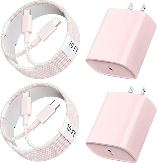 Phone 17 16 15 Charger Fast Charging,10 FT Long Braided USB C Charger Cord with 20W Type C Fast Phone Charging Block forPhone 17/17 Pro/17 Pro max/Air/Phone 16 15 Pro Max Plus, iPad, Android,Gray-Pink