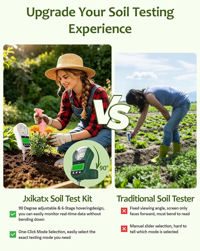 7-in-1 Soil Test Kit, Soil Moisture Meter/pH Meter/Light Intensity/Fertility/Air & Soil Hygrometer Temperature with Large Dual Display for Garden,Lawn, Farm, Indoor Outdoor Plants-OliveGreen