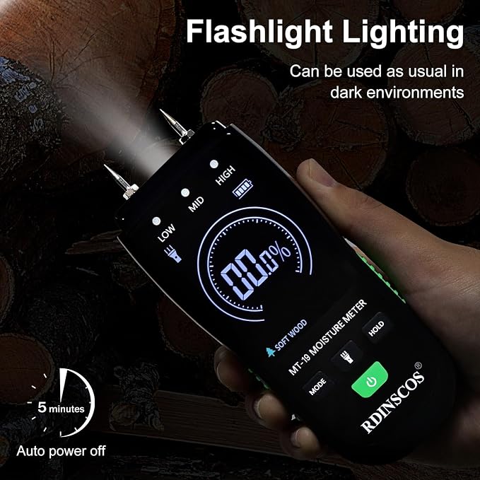 RDINSCOS Digital Moisture Meter Pin-Type Wood Moisture Detector | For Firewood, Lumber, Woodworking, Auto Alarm,Replaceable Pins, Built-in Flashlight, Home Inspection & Water Damage