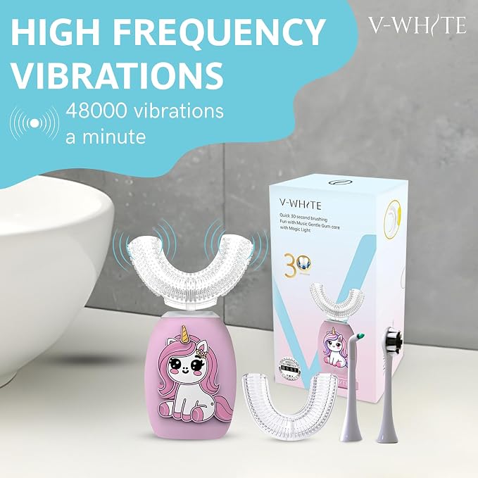 V-WHITE Kids Auto Brush Ultrasonic U-Shaped Toothbrush – 360° Teeth Cleaning, Hands-Free Electric Autobrush for Kids – Gum Protection, Waterproof IPX7, Wireless Charging (Pink)