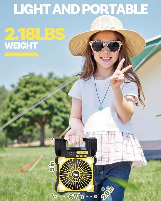 22000mAh Camping Solar Fan, Dual-Panel Rechargeable Solar Powered Fan with LED Light, 5 Adjustable Speeds Battery Powered Portable Fans, USB-C Fans for Travel Tent Home Camping Accessories