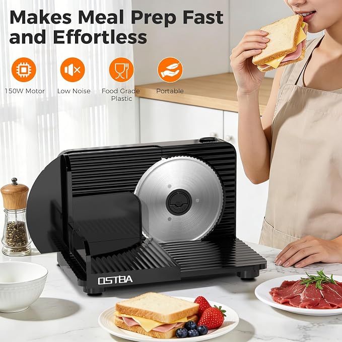 OSTBA Foldable Electric Food Slicer, Adjustable Thickness 0–15mm, 6.7” Stainless Steel Blade, 150W Motor, Portable & Easy-to-Clean, Meat, Cheese, Bread, and Vegetable Slicer for Home Kitchen, Black