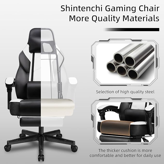 Shintenchi Gaming Chair,Video Game Chair with footrest and Massage Lumbar Support,Height Adjustable Game Chair with 360°Swivel Seat Ergonomic Computer Chair with Headrest for Office or Gaming(White)